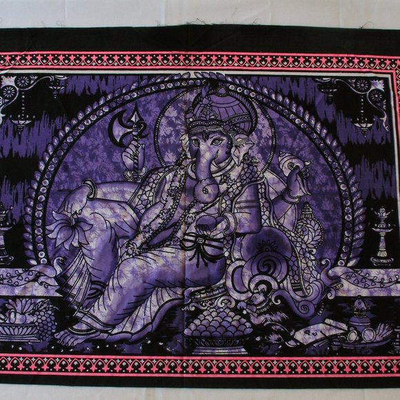 Hindu Ganesh Tapestry Wall Hanging Screen Printed Cotton 31.5" x 23" Unmounted - Picture 4 of 9